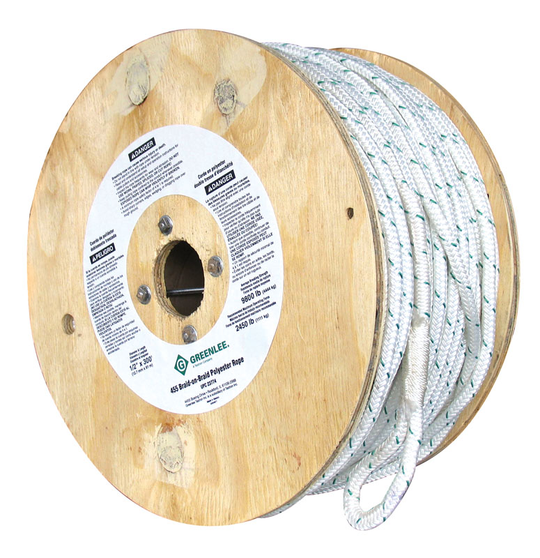 Double-Braided Composite Rope for Cable Pullers, 300' length with 2,200 pound Maximum Rated Capacity.  Double-braided inner core with an extra double-braided outer jacket for added strength and less stretch.  White with green tracer.  Rot and mildew resistant.  Factory spliced eyes at both ends.  Lowest stretch.  Select a rope with a maximum rated capacity that meets or exceeds the cable puller's maximum pulling force.